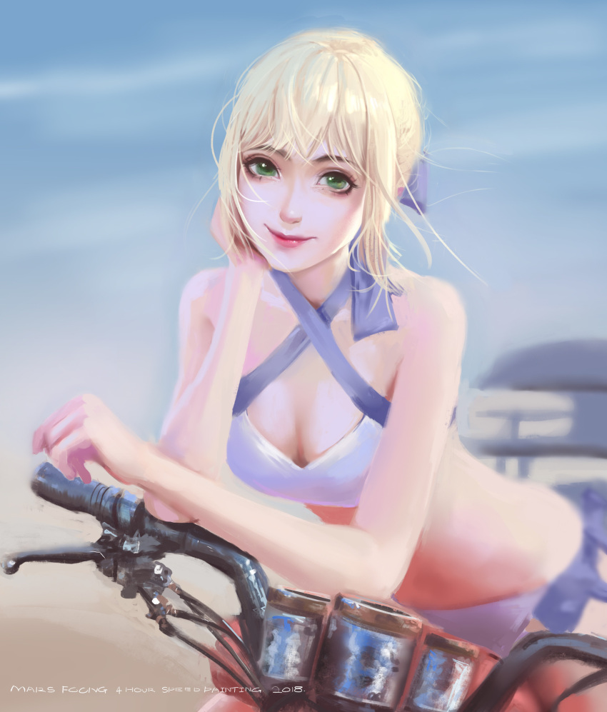 1girl artist_name bangs bicycle bikini blonde_hair blue_bow bow breasts character_request cleavage closed_mouth commentary dated english_commentary green_eyes ground_vehicle hair_bow highres lipstick looking_at_viewer makeup mars_foong medium_breasts pink_lipstick short_hair smile solo speedpaint swimsuit white_bikini