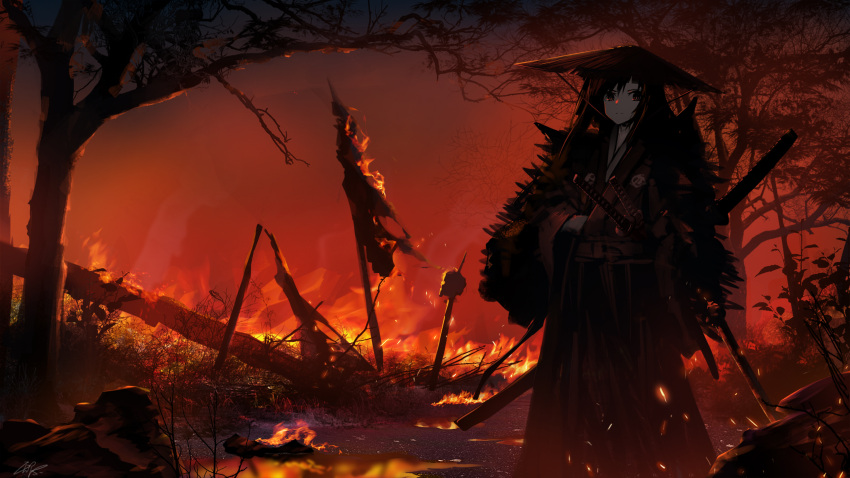 1girl bangs bare_tree black_hakama black_kimono brown_eyes brown_hair burning closed_mouth commentary_request fire hair_between_eyes hakama hat highres holding holding_sword holding_weapon japanese_clothes katana kimono long_hair long_sleeves looking_at_viewer original outdoors rice_hat sheath sheathed short_kimono solo standing sword tree weapon wide_sleeves wu_lun_wujin