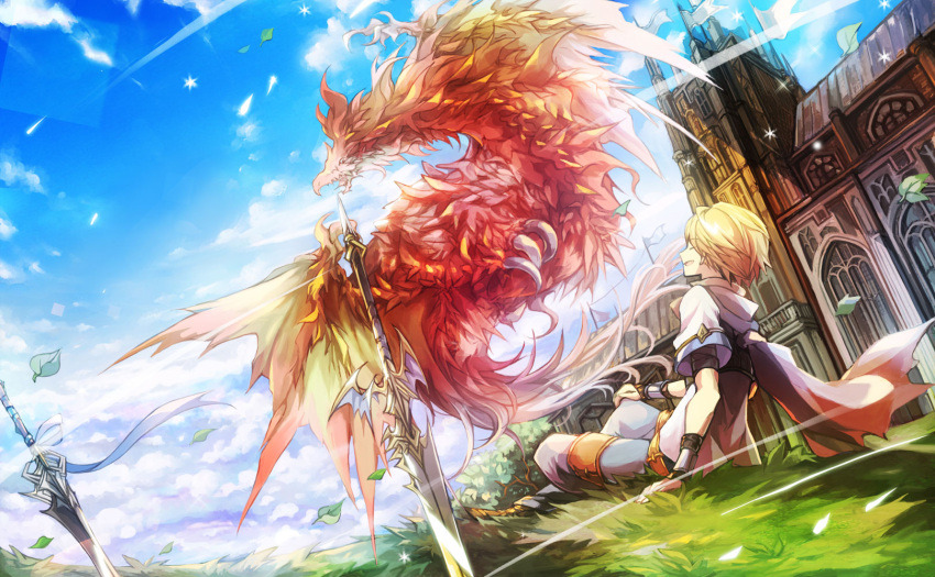 bahamut_lagoon blonde_hair blue_sky bracer byuu cape clouds day dragon grass highres house leaf looking_at_another outdoors planted_sword planted_weapon red_cape salamando sitting sky solo sword touka_(jue) weapon wind