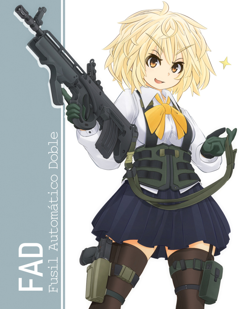 1girl assault_rifle bangs black_legwear blonde_hair blouse blue_skirt bow bowtie collared_blouse commentary_request corset cowboy_shot fad_assault_rifle gloves green_gloves gun handgun highres holding ichigotofu long_sleeves looking_at_viewer military miniskirt open_mouth orange_eyes original pleated_skirt pouch rifle short_hair skirt smirk solo spanish standing star tactical_clothes thigh-highs thigh_strap trigger_discipline v-shaped_eyebrows weapon weapon_request white_blouse yellow_neckwear zettai_ryouiki
