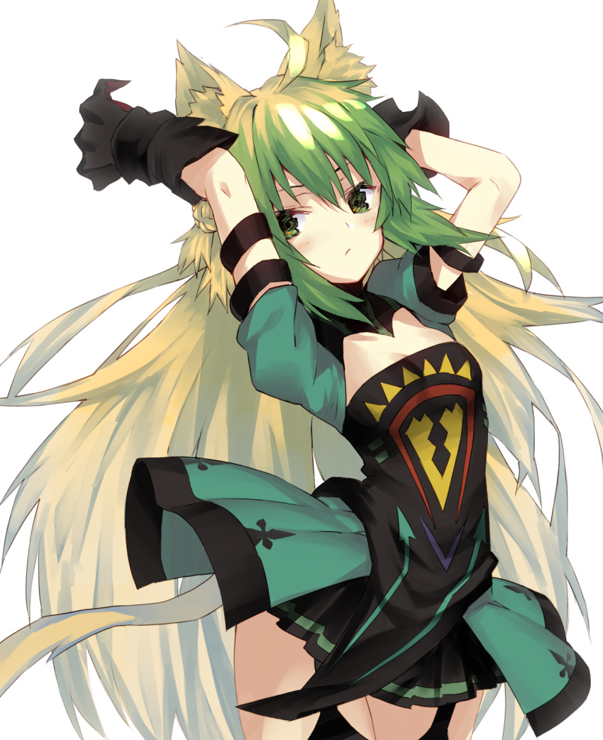 1girl ahoge animal_ear_fluff animal_ears arms_up atalanta_(fate) bangs black_gloves black_legwear black_skirt blush breasts brown_hair cat_ears cat_girl cat_tail closed_mouth commentary dress fate/apocrypha fate_(series) garter_straps gloves gradient_hair green_dress green_eyes green_hair hair_between_eyes head_tilt highres leaning_back long_hair looking_at_viewer multicolored_hair nuqura pleated_skirt puffy_short_sleeves puffy_sleeves short_sleeves simple_background skirt small_breasts solo tail thigh-highs very_long_hair white_background