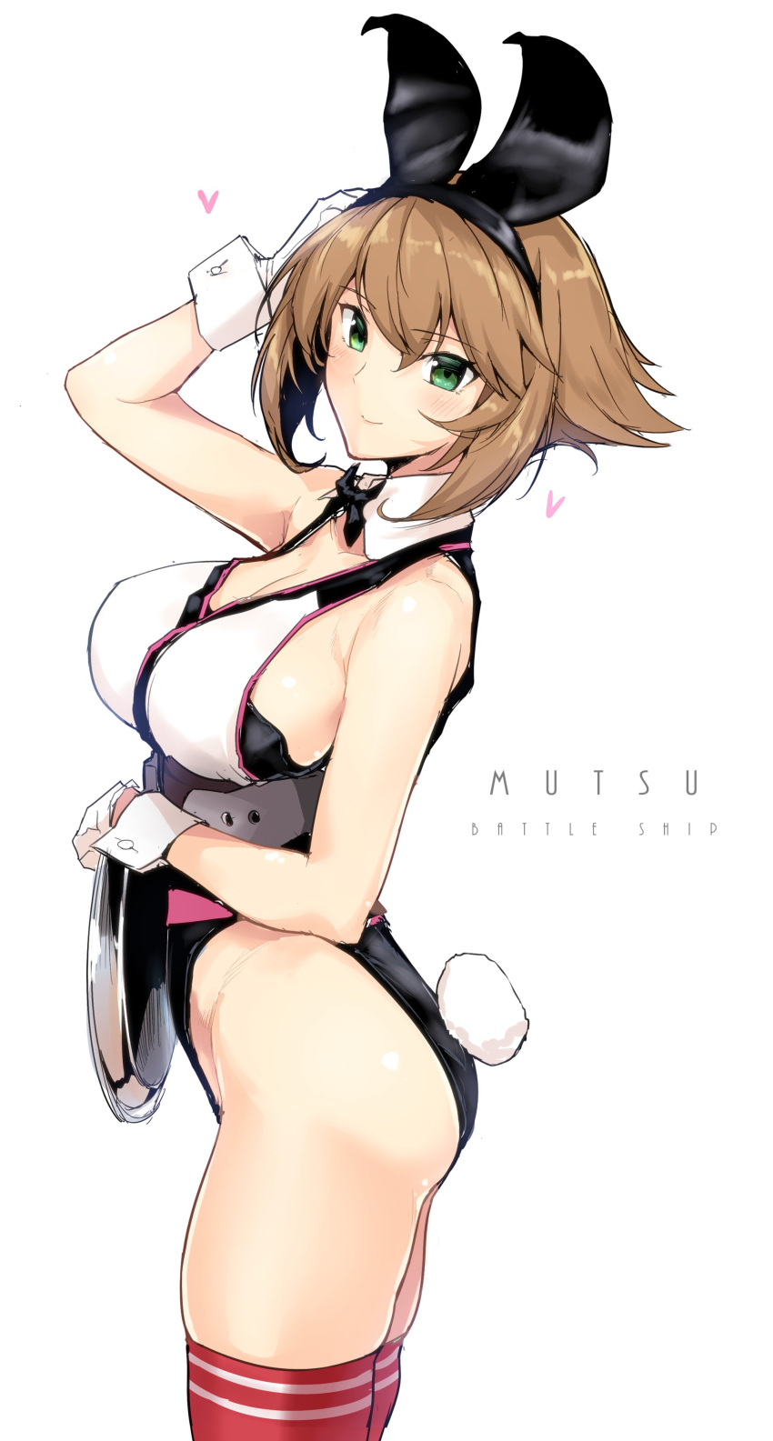 1girl absurdres alternate_costume animal_ears bare_shoulders black_leotard bow breasts brown_hair bunny_girl bunny_tail bunnysuit cleavage covered_navel detached_collar fake_animal_ears gloves green_eyes harukon_(halcon) headgear highres holding holding_tray kantai_collection large_breasts leotard mutsu_(kantai_collection) rabbit_ears red_legwear short_hair smile solo tail title tray white_gloves wrist_cuffs
