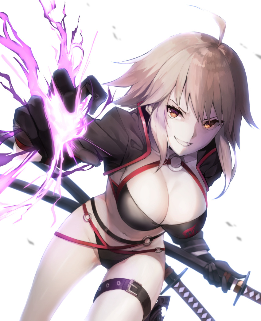 1girl bangs belt_buckle bikini black_belt black_bikini black_gloves black_jacket breasts brown_eyes buckle cleavage commentary_request eyebrows_visible_through_hair fate/grand_order fate_(series) ginopi gloves hair_bobbles hair_ornament highres jacket jeanne_d'arc_(alter)_(fate) jeanne_d'arc_(alter_swimsuit_berserker) jeanne_d'arc_(fate)_(all) katana leg_belt light_brown_hair long_sleeves looking_at_viewer medium_breasts navel o-ring o-ring_bikini o-ring_bottom o-ring_top parted_lips sheath sheathed smile solo swimsuit sword weapon white_background