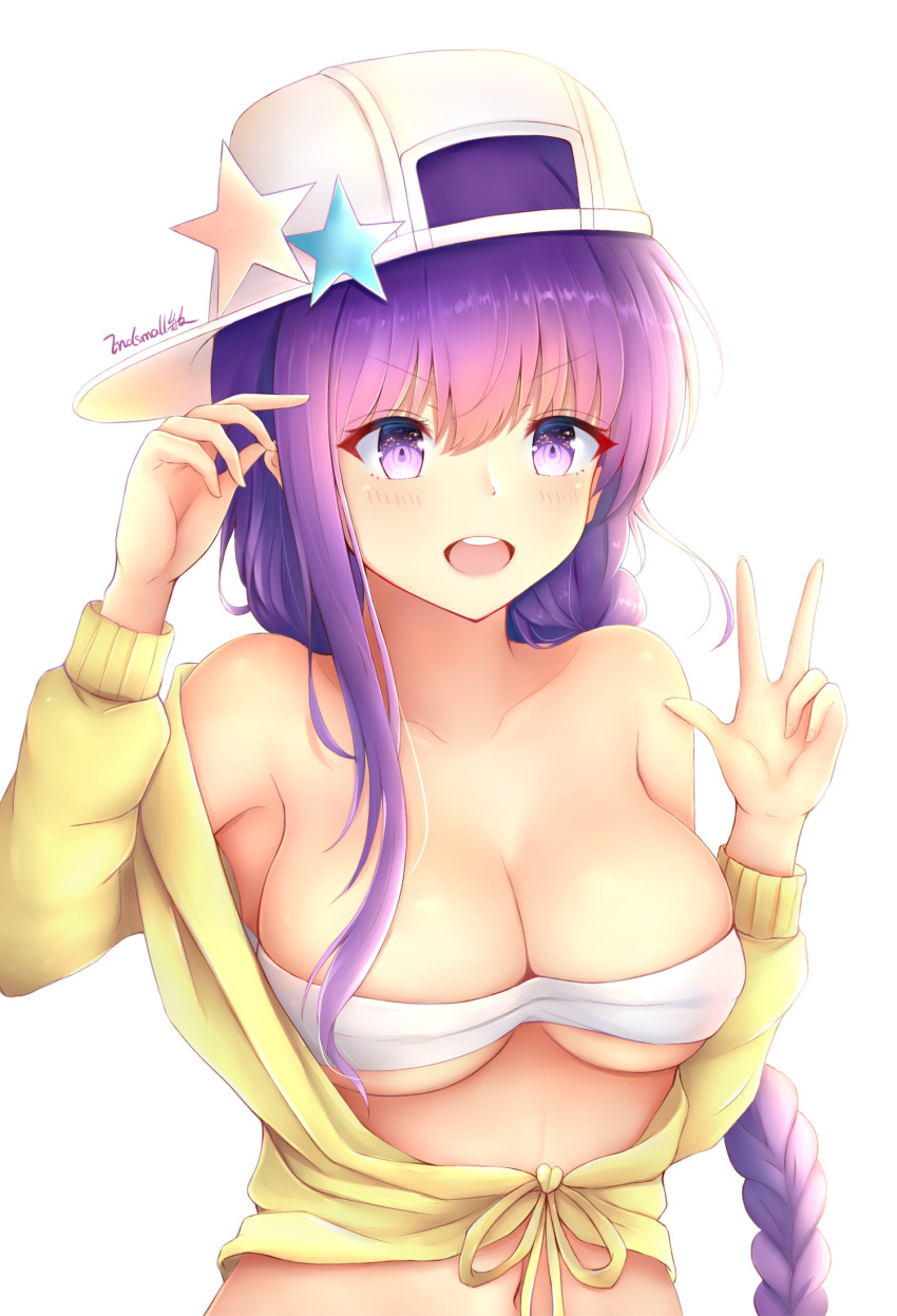 1girl :d arm_up bangs bare_shoulders baseball_cap bb_(fate)_(all) bb_(swimsuit_mooncancer)_(fate) bikini blush braid breasts cleavage collarbone commentary_request endsmall_min eyebrows_visible_through_hair fate/grand_order fate_(series) front-tie_top hair_between_eyes hat hat_ornament highres jacket long_hair long_sleeves medium_breasts navel open_mouth purple_hair round_teeth sideways_hat signature simple_background single_braid smile solo star swimsuit teeth upper_body upper_teeth v-shaped_eyebrows very_long_hair violet_eyes white_background white_bikini white_hair yellow_jacket