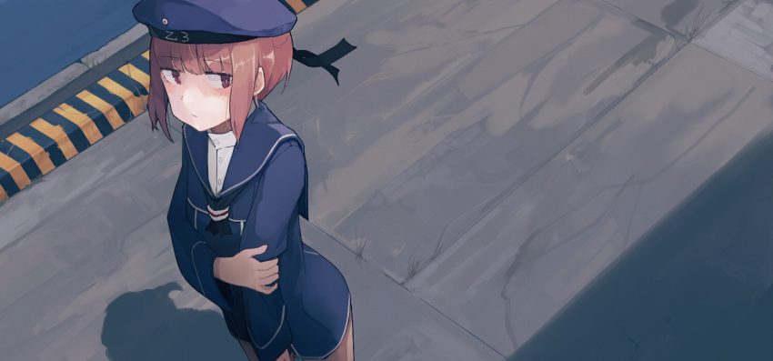 1girl air_kon bangs blue_dress blue_hat blue_sailor_collar blush brown_eyes brown_hair character_name closed_mouth clothes_writing commentary dated dress dutch_angle expressionless eyebrows_visible_through_hair from_above half-closed_eyes hand_on_own_arm hat kantai_collection long_sleeves negative_space outdoors sailor_collar sailor_dress sailor_hat short_hair sideways_glance solo standing upper_body z3_max_schultz_(kantai_collection)