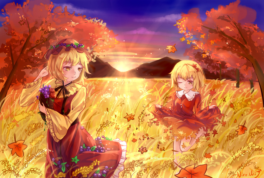 2girls aki_minoriko aki_shizuha apple autumn autumn_leaves blonde_hair carrying clouds cornucopia dress eyebrows_visible_through_hair food frilled_shirt_collar frilled_skirt frills fruit gradient_sky grapes hair_ornament hand_behind_head hat highres layered_dress leaf leaf_hair_ornament leg_lift looking_at_another looking_to_the_side maple_leaf mob_cap mountain multiple_girls niromi one_eye_closed outdoors red_dress rice_stalk short_hair siblings sisters skirt skirt_hold sky smile standing standing_on_one_leg sunset thick_eyebrows touhou tree twilight yellow_eyes