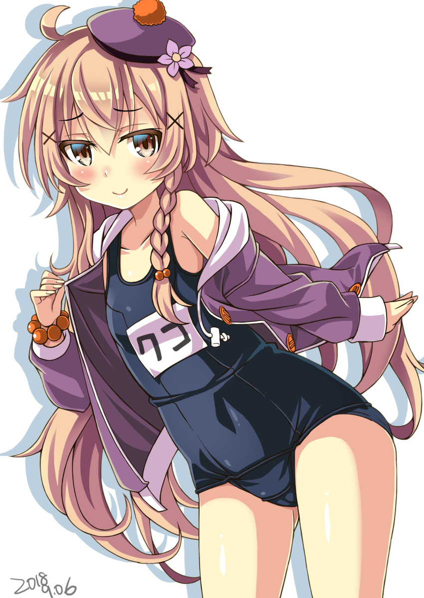 1girl absurdres beads beret blonde_hair blush braid brown_eyes collarbone commentary_request dated flat_chest flower flower_knight_girl hair_beads hair_flower hair_ornament hat highres hihiirokane_m jacket long_hair looking_at_viewer school_swimsuit simple_background smile solo swimsuit