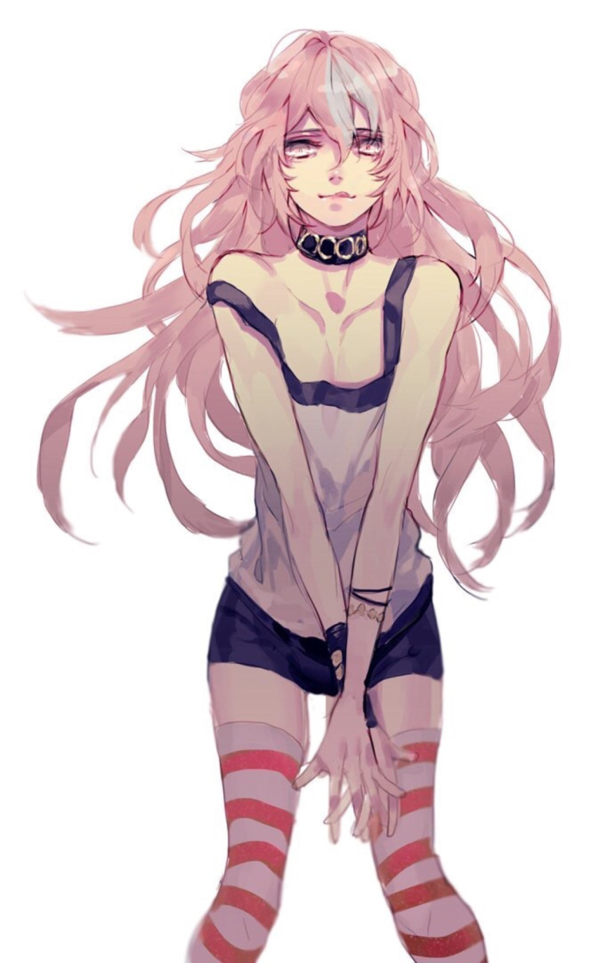 1boy astolfo_(fate) backlighting bangs bare_arms bare_shoulders black_choker bracelet choker collarbone commentary english_commentary fate/apocrypha fate_(series) flat_chest hair_spread_out half-closed_eyes highres interlocked_fingers jewelry leaning_forward lips long_hair looking_at_viewer male_focus multicolored_hair otoko_no_ko own_hands_together pectorals petite pink_hair simple_background sleeveless solo standing strap_slip streaked_hair striped striped_legwear thigh-highs thigh_gap toned tooaya two-tone_hair v_arms white_background white_hair