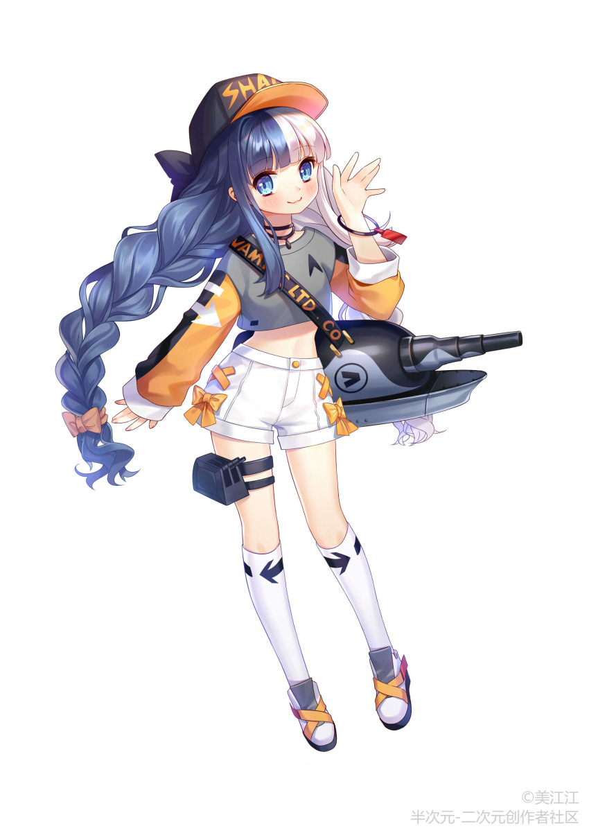 1girl absurdres alternate_hairstyle bag blue_eyes blush casual full_body hair_ribbon hat highres jewelry kneehighs looking_at_viewer m1_(zhan_jian_shao_nyu) multicolored_hair navel necklace ribbon shoes shorts waving white_background zhan_jian_shao_nyu