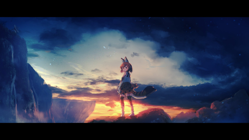 1girl animal_ears blonde_hair cliff clouds commentary elbow_gloves english_commentary evening from_behind gloves highres kemono_friends looking_at_viewer looking_back nitro_(mugityaoisii) outdoors print_legwear print_skirt scenery serval_(kemono_friends) serval_ears serval_print serval_tail shirt skirt sky sleeveless sleeveless_shirt solo tail thigh-highs white_footwear