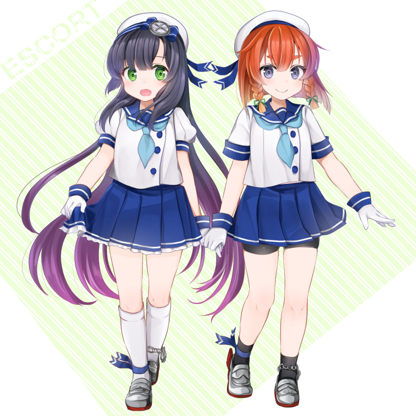 2girls adapted_costume anchor bike_shorts black_hair black_legwear black_shorts blue_neckwear blue_ribbon blue_sailor_collar blue_skirt bob_cut braid buttons etorofu_(kantai_collection) full_body gloves gradient_hair green_eyes hand_holding hat highres kantai_collection kneehighs long_hair looking_at_viewer matsuwa_(kantai_collection) multicolored_hair multiple_girls neckerchief open_mouth pleated_skirt puffy_short_sleeves puffy_sleeves purple_hair redhead ribbon sailor_collar sailor_hat school_uniform serafuku short_sleeves shorts shorts_under_skirt side_braid skirt smile socks striped striped_background thick_eyebrows twin_braids very_long_hair violet_eyes white_background white_gloves white_hat white_legwear yunamaro