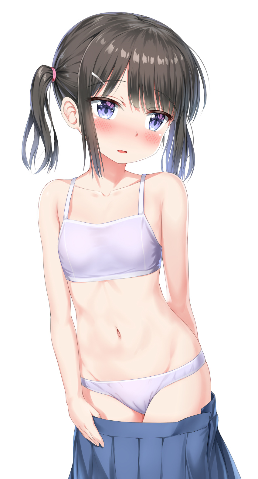 1girl absurdres bangs bare_arms bare_shoulders blue_skirt blush bra breasts brown_hair collarbone commentary_request eyebrows_visible_through_hair hair_ornament hair_tie hairclip head_tilt highres looking_away looking_to_the_side navel nedia_(nedia_region) original panties parted_lips pleated_skirt purple_bra purple_panties sidelocks simple_background skirt skirt_pull small_breasts solo twintails underwear undressing white_background
