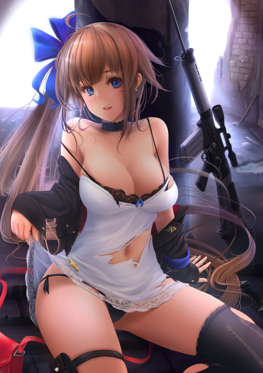 1girl anakin_sky_(utcc) bag bare_shoulders battle_rifle black_bra black_jacket black_panties blue_eyes blue_ribbon bra breasts brown_hair cleavage dress earrings fal_(girls_frontline) feet_out_of_frame fn_fal girls_frontline gun hair_ribbon handbag highres indoors jacket jewelry large_breasts midriff_peek panties parted_lips ribbon rifle socks solo thighs torn_clothes underwear weapon white_dress