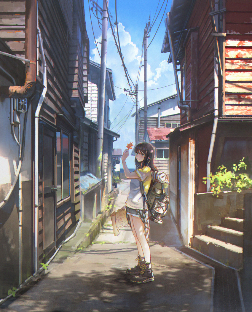 1girl backpack bag brown_hair check_commentary commentary_request highres holding huge_filesize lantern leaf map original outdoors scenery sho_(shoichi-kokubun) short_shorts shorts sky solo