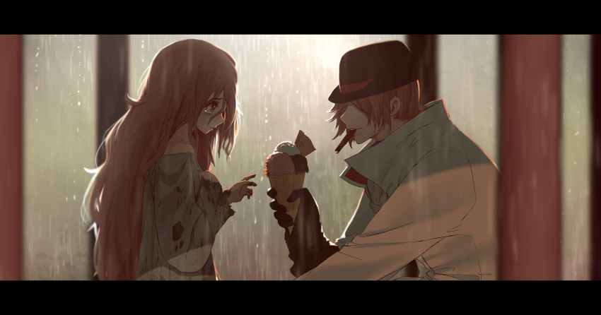 1boy 1girl backlighting bare_shoulders black_gloves black_hat blurry brown_eyes cigar commentary covered_eyes crying depth_of_field dirty dirty_clothes dishwasher1910 english_commentary faceless faceless_male fedora food from_side gloves hair_between_eyes hand_on_own_chest hat highres holding holding_food ice_cream ice_cream_cone letterboxed long_hair long_sleeves messy neo_(rwby) off_shoulder outdoors pink_hair profile rags rain roman_torchwick rwby smoking tears upper_body very_long_hair waffle_cone white_coat younger