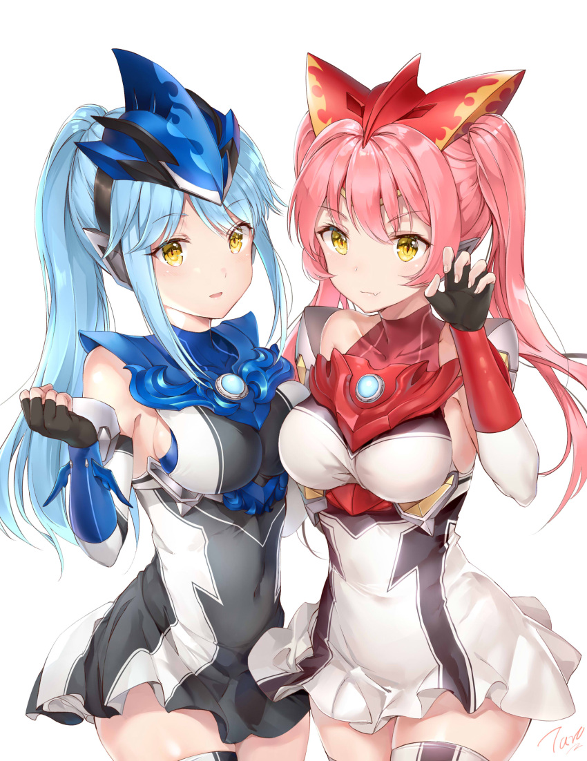 2girls absurdres armor asymmetrical_docking bangs black_dress black_gloves blue_hair breast_press breasts claw_pose closed_mouth covered_collarbone covered_navel cowboy_shot detached_sleeves dress eyebrows_visible_through_hair fang fang_out fingerless_gloves fingernails gem genderswap genderswap_(mtf) gloves hair_between_eyes hand_up headgear highres humanization large_breasts long_hair looking_at_viewer multiple_girls open_mouth parted_bangs pink_hair ponytail shiny shiny_hair siblings sidelocks signature simple_background sisters sleeveless sleeveless_dress slit_pupils smile standing taro_(ultrataro) thigh-highs turtleneck twintails ultra_series ultraman_blu ultraman_r/b ultraman_rosso underbust vambraces white_background white_dress white_legwear yellow_eyes