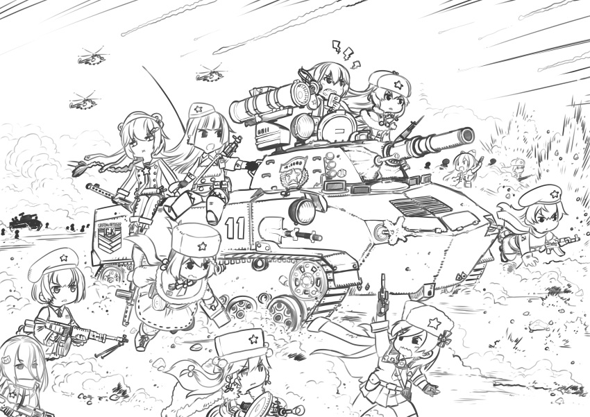 absurdres aircraft ak47_(girls_frontline) armored_vehicle battle charging_(attack) chibi explosion girls_frontline graphite_(medium) ground_vehicle helicopter highres makarov_(girls_frontline) mosin-nagant_(girls_frontline) motion_lines multiple_girls nagant_revolver_(girls_frontline) pk_(girls_frontline) pps-43_(girls_frontline) ppsh-41_(girls_frontline) running scarf smoke traditional_media z.s.w.