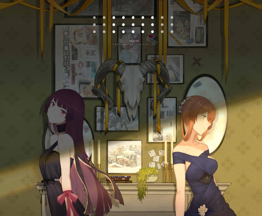 2girls absurdres book brown_hair can candle candlestand chinese_commentary colt_m1873_(girls_frontline) commentary_request dress english evening_gown flower girls_frontline green_eyes hair_bun hair_flower hair_ornament hair_ribbon highres hk416_(girls_frontline) long_hair m1903_springfield_(girls_frontline) m4_sopmod_ii_(girls_frontline) multiple_girls oka_ball pepsi photo_(object) picture_frame plant potted_plant purple_hair ram_skull red_eyes ribbon skull skull_and_crossbones soda_can wa2000_(girls_frontline) wrist_ribbon