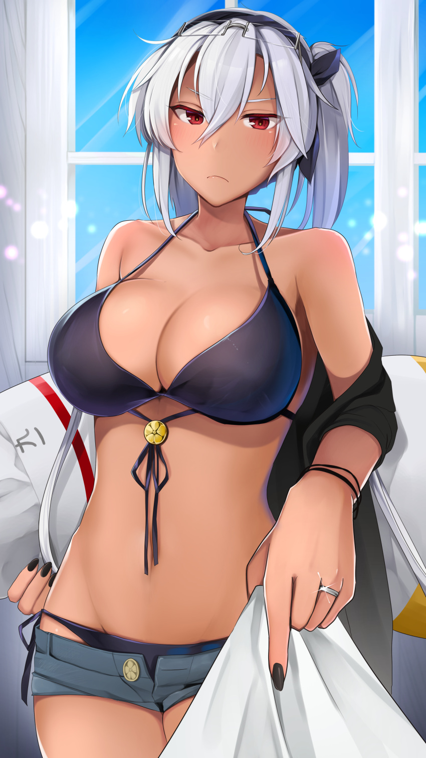 1girl absurdres bangs bikini black_bikini black_nails blonde_hair blue_sky blush breasts cleavage collarbone commentary_request dark_skin day eyebrows_visible_through_hair eyewear_on_head glasses groin hair_between_eyes highres holding indoors jewelry kantai_collection large_breasts light_particles long_hair looking_at_viewer micro_shorts musashi_(kantai_collection) nail_polish navel open_clothes open_shorts pointy_hair red_eyes ring semi-rimless_eyewear short_hair shorts side-tie_bikini sky stomach sunlight swimsuit thighs twintails two_side_up wedding_band window yunamaro