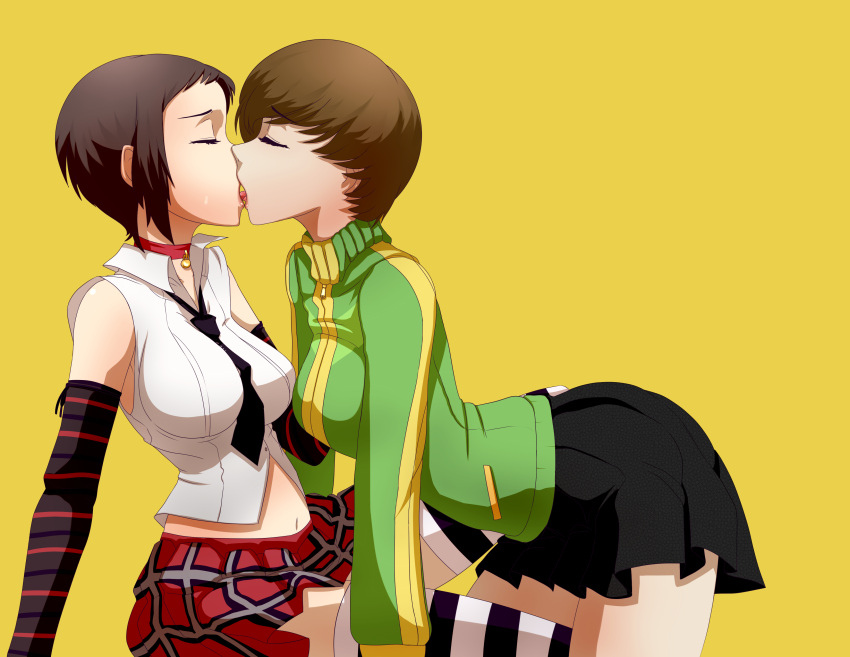 2girls absurdres arm_warmers between_breasts black_hair black_neckwear bob_cut breasts brown_hair choker closed_eyes facing_another french_kiss green_jacket highres jacket kiss m-a-v-e-r-i-c-k marie_(persona_4) multiple_girls necktie necktie_between_breasts persona persona_4 persona_4_the_golden plaid plaid_skirt pleated_skirt print_skirt profile satonaka_chie shirt short_hair simple_background skirt sleeveless sleeveless_shirt socks striped striped_legwear thigh-highs tongue tongue_out track_jacket yellow_background yuri