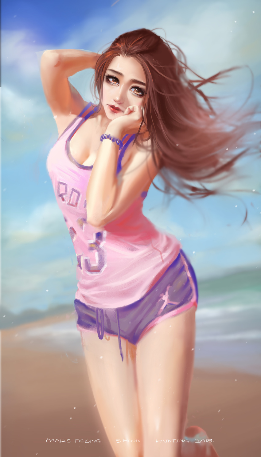 1girl absurdres artist_name bracelet breasts brown_eyes brown_hair cleavage commentary dated detached_sleeves drawstring english_commentary english_text highres jewelry lips long_sleeves looking_at_viewer mars_foong medium_breasts number original pink_shirt purple_shorts shirt shorts solo speedpaint sportswear
