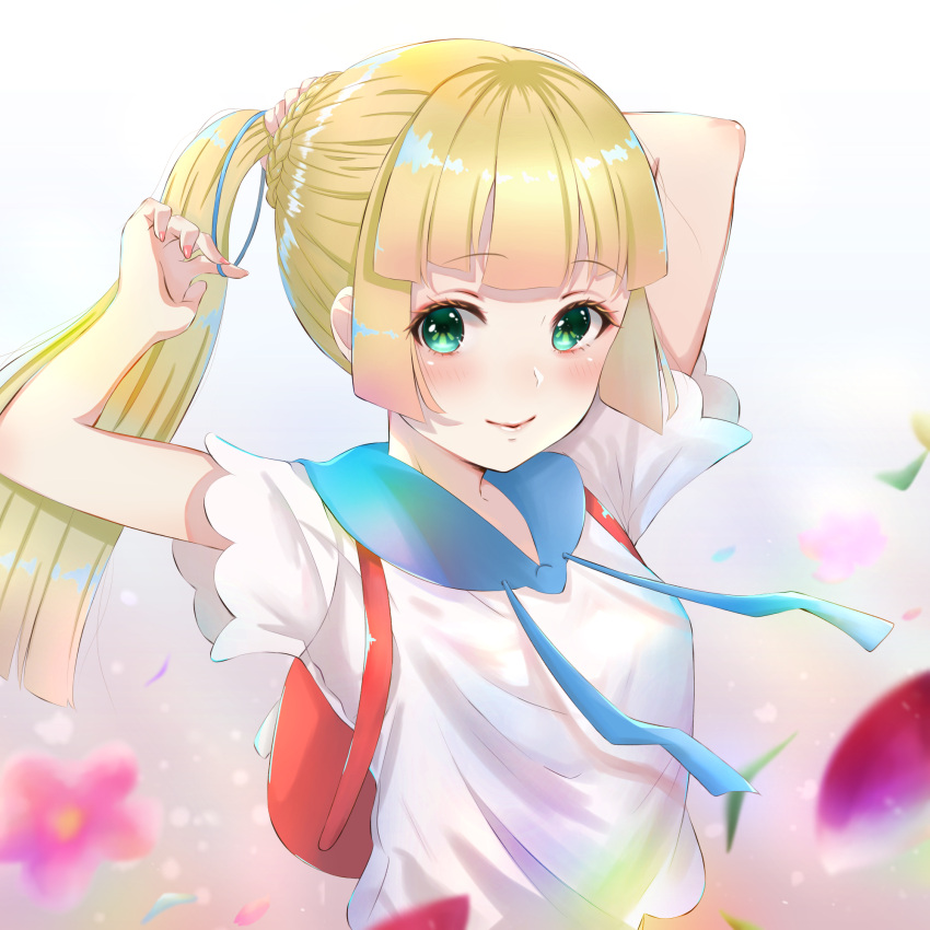 1girl arms_up backpack bag blonde_hair closed_mouth creatures_(company) flower game_freak green_eyes highres lillie_(pokemon) long_hair nail_polish nintendo petals pokemon pokemon_(game) pokemon_sm ponytail shirt short_sleeves smile solo white_shirt zuzy2525