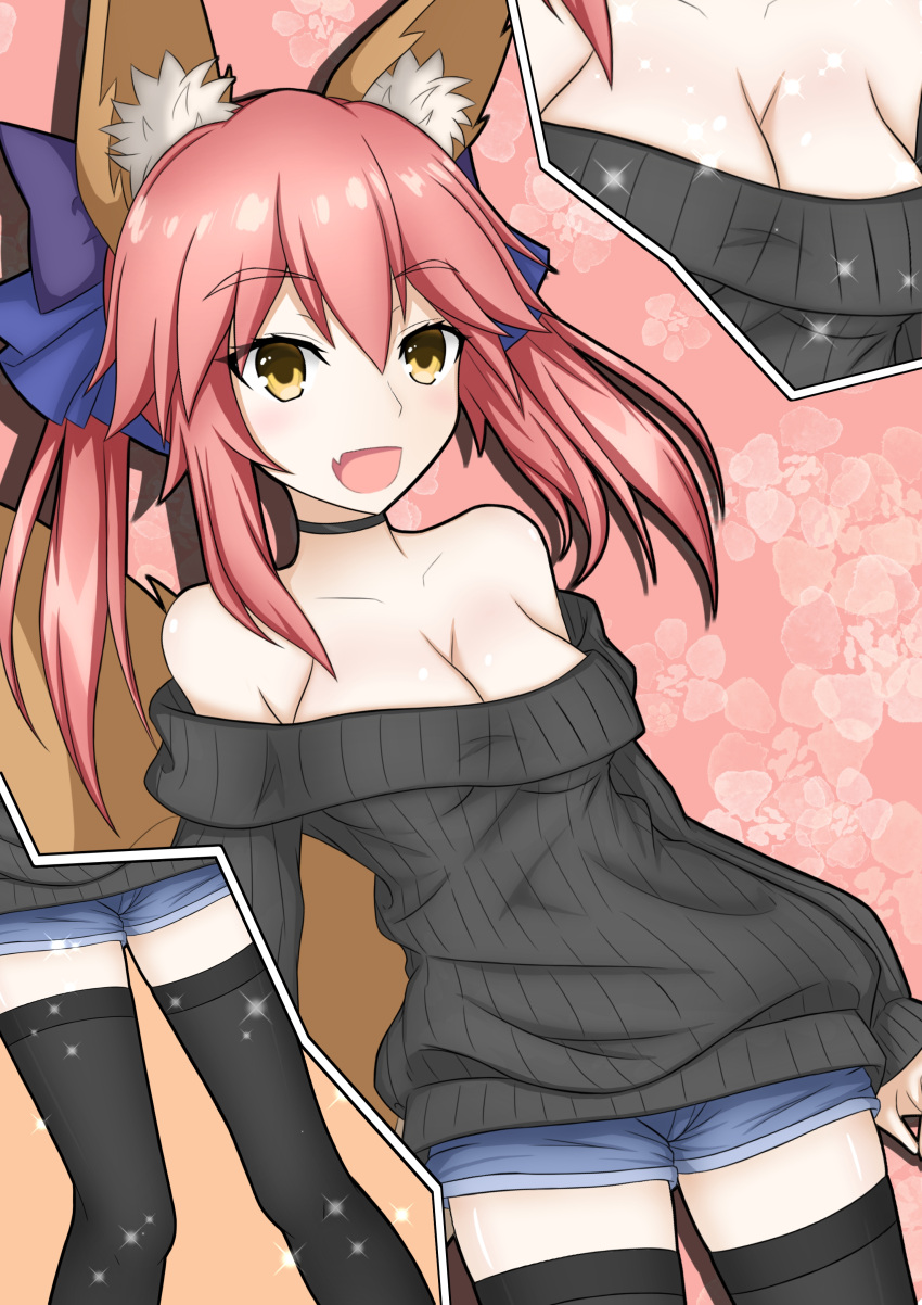 1girl absurdres animal_ear_fluff animal_ears bare_shoulders black_legwear blue_ribbon blush breasts casual choker cleavage clothes_pull collarbone fang fate/extella fate/extra fate/extra_ccc fate/grand_order fate_(series) fox_ears fox_girl fox_tail hair_ribbon highres large_breasts looking_at_viewer nepsuka_(hachisuka) open_mouth pink_hair ribbed_sweater ribbon solo sweater sweater_pull tail tamamo_(fate)_(all) tamamo_no_mae_(fate) yellow_eyes