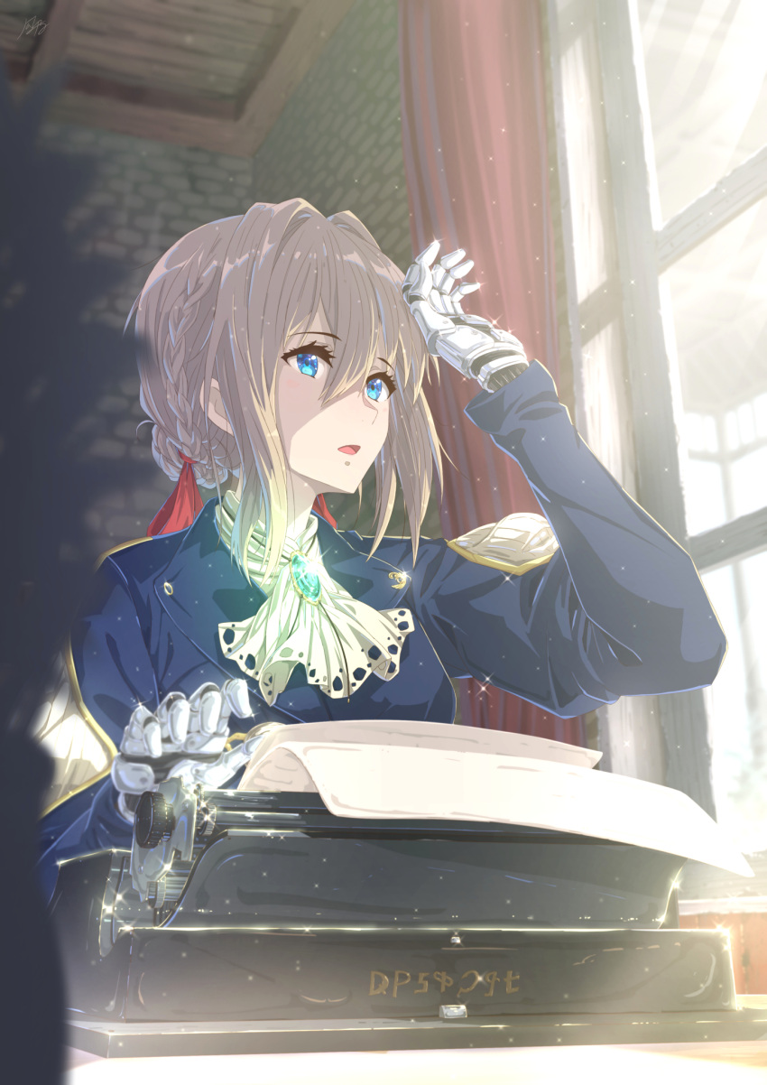 1girl :o arm_up ascot bangs blonde_hair blue_eyes blue_jacket blurry braid brooch commentary_request curtains day depth_of_field eyebrows_visible_through_hair gem glint hair_between_eyes hair_intakes hair_ribbon hand_on_own_head highres indoors jacket jewelry juliet_sleeves kazeno long_sleeves looking_away looking_to_the_side open_mouth paper prosthetic_hand puffy_sleeves red_ribbon ribbon shiny shiny_hair sidelocks signature solo stone_wall sunlight table typewriter upper_body violet_evergarden violet_evergarden_(character) wall white_neckwear window