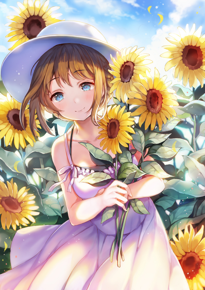 1girl bangs bare_arms bare_shoulders blue_eyes blue_sky blush breasts brown_hair clouds collarbone cowboy_shot day dress eyebrows_visible_through_hair flower hat highres holding holding_flower looking_at_viewer medium_breasts original outdoors petals short_hair sibyl sky sleeveless sleeveless_dress smile solo standing sun_hat sundress sunflower sunlight white_dress white_hat