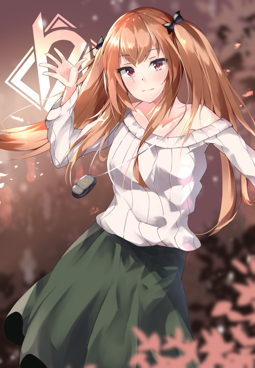 1girl 404_logo_(girls_frontline) absurdres alternate_costume bangs blush breasts brown_eyes brown_hair casual closed_mouth collarbone dog_tags eyebrows_visible_through_hair floating_hair girls_frontline green_skirt hair_ornament hairclip hand_up highres k-doku long_hair looking_at_viewer loose_clothes off_shoulder ribbed_sweater ribbon scar scar_across_eye sidelocks signature skirt smile sweater twintails ump9_(girls_frontline) white_sweater wind