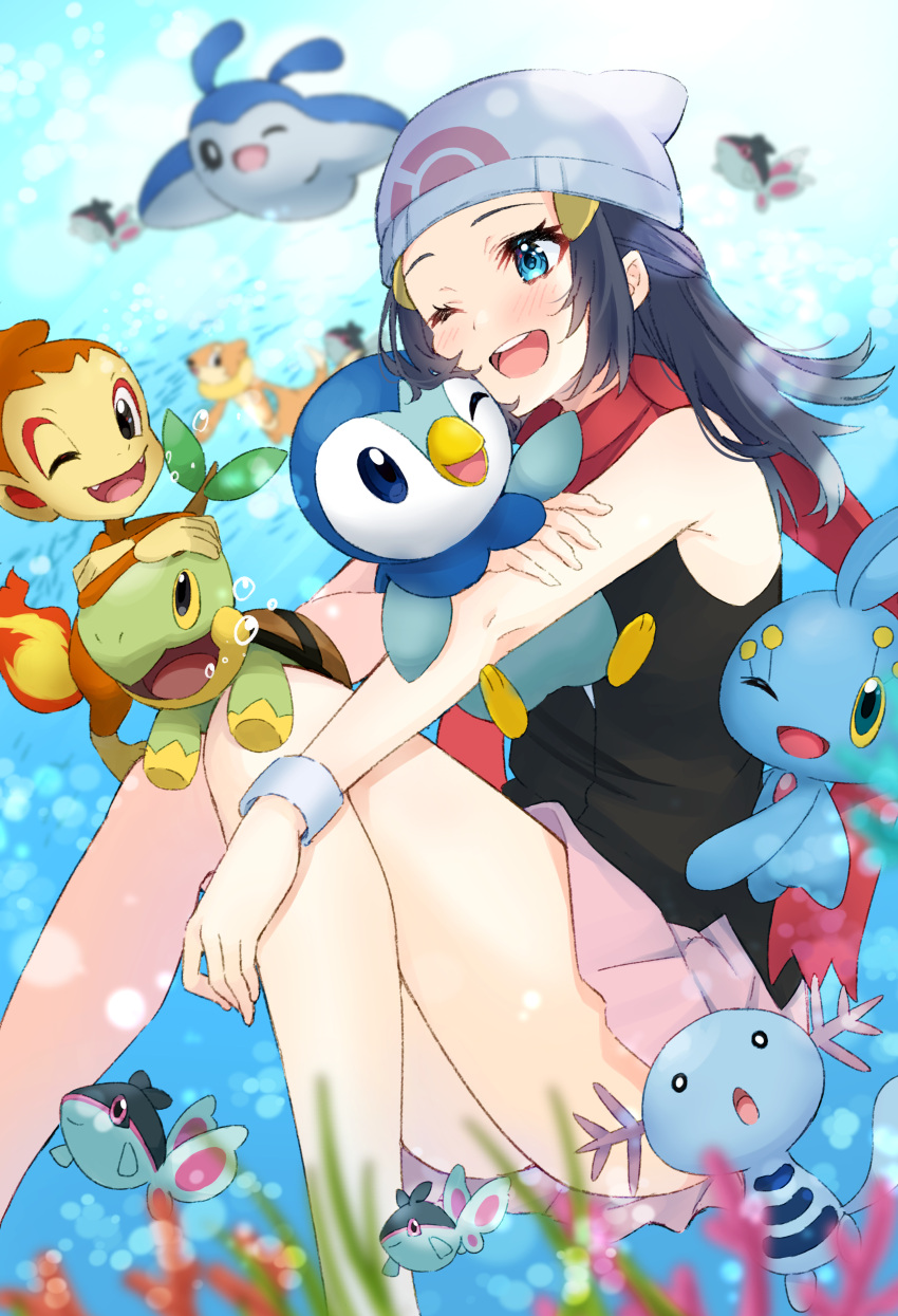 1girl absurdres air_bubble barefoot beanie black_hair black_shirt blue_eyes blurry bracelet bubble buizel chimchar commentary_request hikari_(pokemon) finneon gen_2_pokemon gen_4_pokemon haru_(re_ilust) hat highres jewelry manaphy mantyke mythical_pokemon pink_skirt piplup pokemon pokemon_(creature) pokemon_(game) pokemon_dppt red_scarf scarf shirt skirt sleeveless sleeveless_shirt starter_pokemon_trio turtwig underwater white_headwear wooper