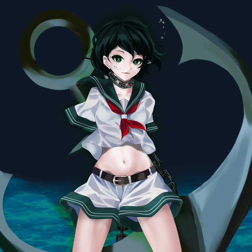 absurdres air_bubble anchor belt bubble chains closed_mouth commentary_request cowboy_shot green_eyes green_hair highres inoshin_(inixia1748) looking_at_viewer midriff murasa_minamitsu navel neckerchief no_hat no_headwear red_neckwear sailor sailor_collar short_sleeves shorts touhou underwater