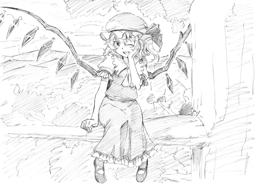 1girl :d absurdres ascot blush commentary_request flandre_scarlet greyscale hand_on_own_cheek hand_up hat highres looking_at_viewer mob_cap monochrome one_eye_closed open_mouth outdoors pink_x puffy_short_sleeves puffy_sleeves scan shoes short_sleeves sitting skirt smile solo touhou traditional_media tree vest wings