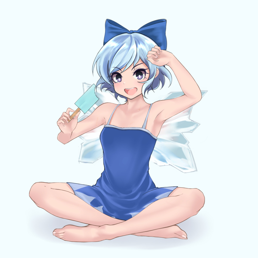 1girl absurdres arm_up armpits blue_background blue_bow blue_eyes blue_hair blue_swimsuit bow cirno food full_body hair_bow highres holding holding_food ice ice_wings indian_style inoshin_(inixia1748) one-piece_swimsuit open_mouth popsicle short_hair simple_background sitting solo spaghetti_strap sweat swimsuit touhou wings