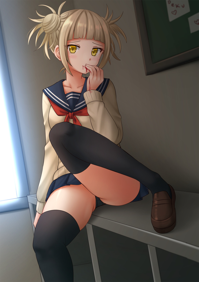 1girl :p arm_at_side bangs black_legwear black_panties blonde_hair blood bloody_hands blue_sailor_collar blue_skirt blunt_bangs blush boku_no_hero_academia brown_footwear cardigan chalkboard closed_mouth collarbone double_bun dutch_angle hand_up heart highres indoors kazenokaze knee_up licking loafers long_sleeves looking_at_viewer miniskirt neckerchief note on_table panties pantyshot pantyshot_(sitting) red_neckwear sailor_collar shoes short_hair sitting skirt smile solo table thigh-highs thighs toga_himiko tongue tongue_out underwear upskirt window yellow_eyes
