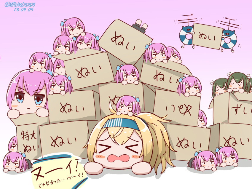 :3 blonde_hair blue_eyes box character_doll chibi commentary_request enemy_lifebuoy_(kantai_collection) gambier_bay_(kantai_collection) gradient gradient_background hairband highres kantai_collection miccheru open_mouth pink_background pink_hair ponytail shiranui_(kantai_collection) short_hair zuikaku_(kantai_collection)