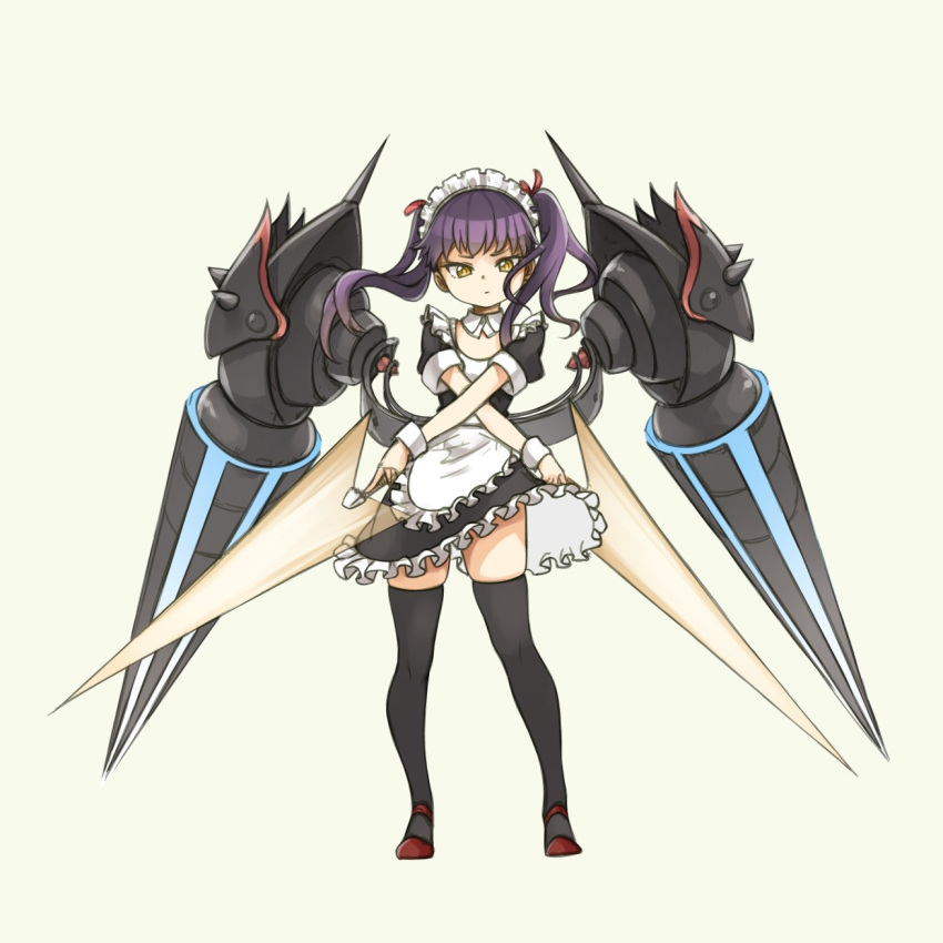 1girl black_legwear crossed_arms detached_collar dual_wielding flat_chest full_body highres holding long_hair maid maid_headdress mary_janes mecha_musume mechanical_wings original pas_(paxiti) purple_hair red_footwear shoes solo sword thigh-highs twintails weapon wings wrist_cuffs yellow_eyes zettai_ryouiki