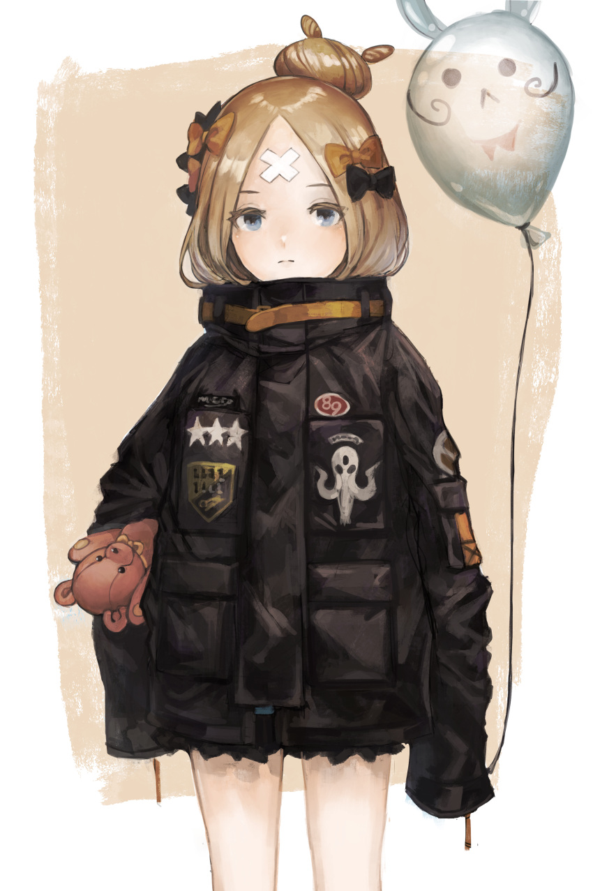 1girl abigail_williams_(fate/grand_order) absurdres balloon bangs black_bow black_jacket blonde_hair blue_eyes bow closed_mouth crossed_bandaids fate/grand_order fate_(series) fou_(fate/grand_order) hair_bow hair_bun heroic_spirit_traveling_outfit highres holding holding_balloon ito_(silva) jacket long_hair long_sleeves object_hug orange_bow parted_bangs sleeves_past_fingers sleeves_past_wrists solo star stuffed_animal stuffed_toy teddy_bear