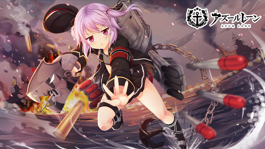 1girl armband azur_lane battle bra chains commentary_request fire hat logo military military_jacket military_vehicle ocean pink_hair sakuraba_hikaru_(loveindog) shell_casing ship smoke solo torpedo torpedo_tubes training_bra underwear warship watercraft z21_(azur_lane)