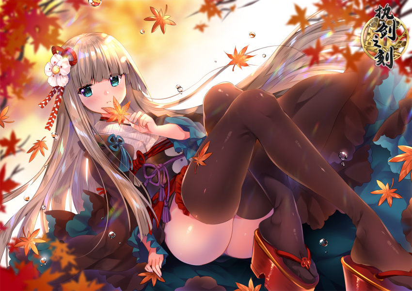 1girl ass autumn_leaves bangs blue_eyes blunt_bangs blush brown_kimono brown_legwear commentary_request copyright_request flower frilled_sleeves frills hair_flower hair_ornament holding holding_leaf japanese_clothes kimono leaf light_brown_hair long_hair long_sleeves looking_at_viewer obi official_art parted_lips platform_footwear red_footwear sash solo thigh-highs usagihime very_long_hair water_drop white_flower wide_sleeves zouri