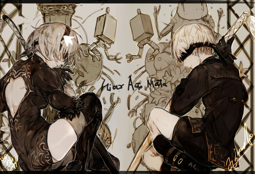 1boy 1girl ass backless_dress backless_outfit blindfold choker closed_mouth copyright_name covered_eyes dress from_side greyscale hairband headband highres hiranko leotard monochrome nier_(series) nier_automata pod_(nier_automata) robot short_hair sitting sword thigh-highs weapon white_hair white_leotard yorha_no._2_type_b yorha_no._9_type_s