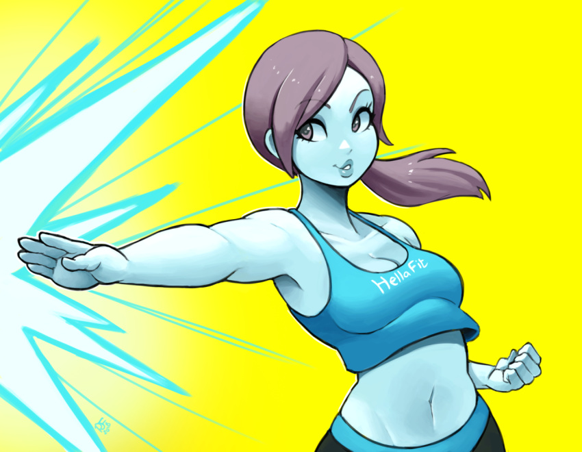1girl armpits black_legwear breasts cleavage clenched_hand clothes_writing green_eyes grey_hair lips navel nintendo parted_lips ponytail ravenousruss simple_background solo super_smash_bros. super_smash_bros_ultimate tank_top upper_body wii_fit wii_fit_trainer yellow_background