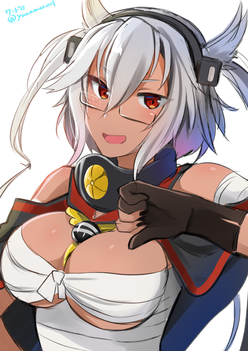 1girl absurdres black_gloves black_nails blush breasts commentary_request dark_skin eyebrows_visible_through_hair glasses gloves grey_hair hair_between_eyes highres huge_filesize kantai_collection large_breasts looking_at_viewer musashi_(kantai_collection) nail_polish open_mouth partly_fingerless_gloves pointy_hair red_eyes sarashi short_hair_with_long_locks simple_background solo thumbs_down twitter_username two_side_up white_background yunamaro
