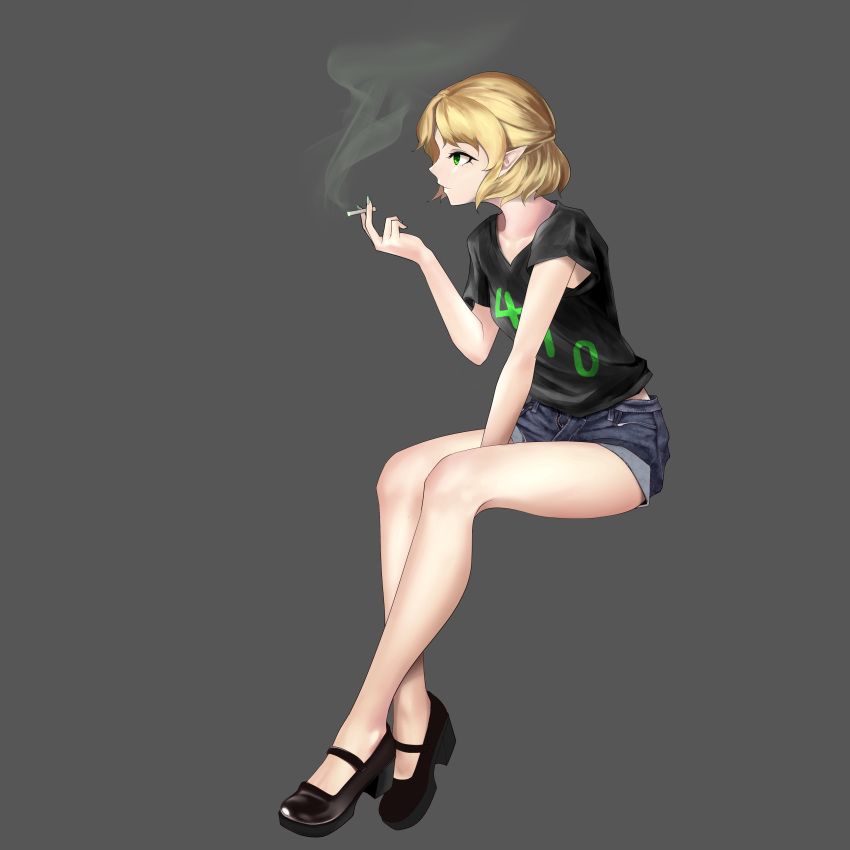 1girl absurdres alternate_costume black_footwear black_shirt blonde_hair cigarette closed_mouth clothes_writing contemporary denim denim_shorts full_body green_eyes green_nails grey_background highres holding holding_cigarette inoshin_(inixia1748) invisible_chair mary_janes mizuhashi_parsee nail_polish pointy_ears profile shirt shoes short_hair short_shorts shorts simple_background sitting smoke smoking solo t-shirt touhou unzipped
