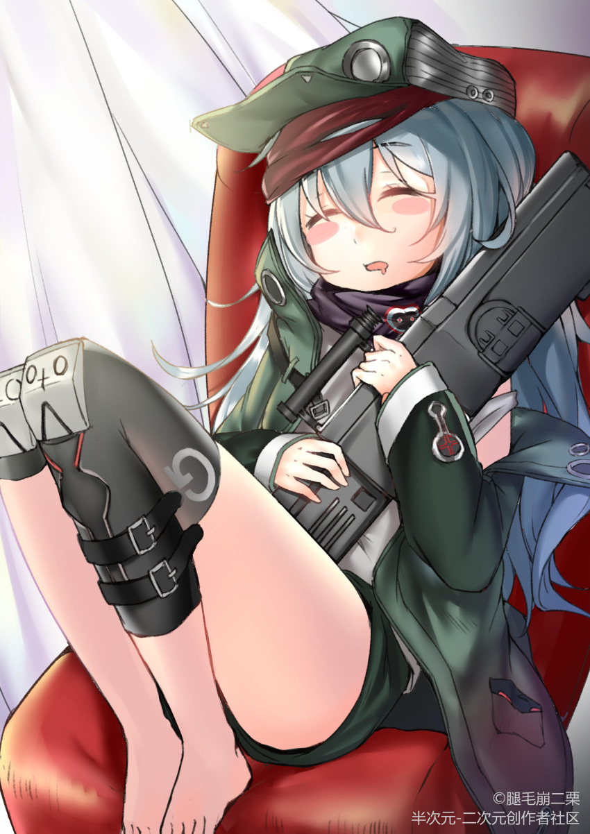 absurdres artist_name assault_rifle belt blush_stickers closed_eyes couch curtains drooling g11 g11_(girls_frontline) girls_frontline grey_hair gun hair_between_eyes hat highres hug jacket long_hair namesake no_shoes rifle scope shorts sleeping sunege_(hp0715) weapon