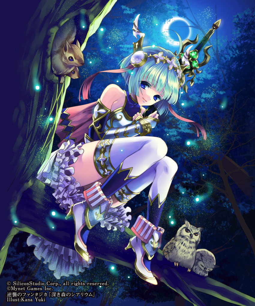 1girl aqua_hair artist_name bare_shoulders bird blue_eyes bracer bug capelet fantasy firefly forest gyakushuu_no_fantasica hair_ribbon high_heels highres holding holding_sword holding_weapon in_tree insect looking_at_viewer moon nature night night_sky official_art owl ribbon sheath sheathed short_hair sitting skirt sky sleeping smile solo squirrel striped sword thigh-highs tree watermark weapon white_footwear white_legwear white_skirt yukikana