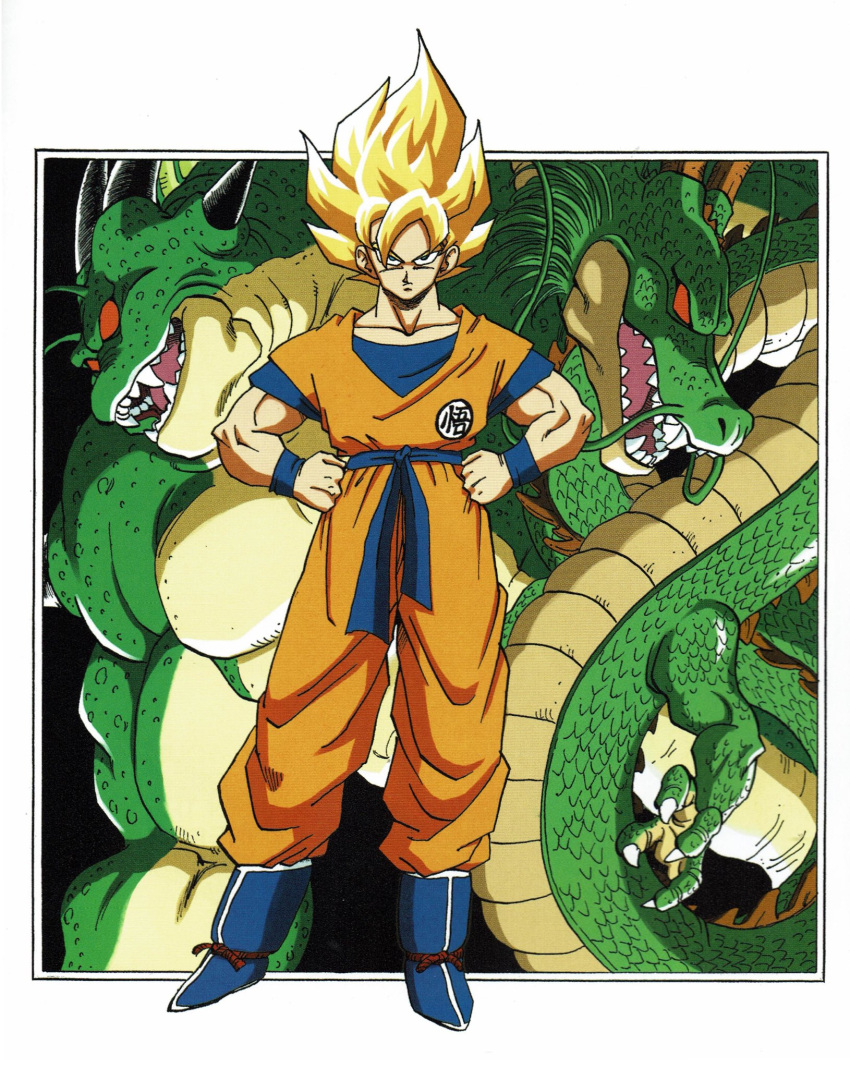 1boy blonde_hair boots clenched_hands clothes_writing dougi dragon dragon_ball dragonball_z full_body hand_on_hip highres looking_at_viewer male_focus official_art outside_border porunga red_eyes serious shenlong_(dragon_ball) short_hair simple_background son_gokuu spiky_hair super_saiyan toriyama_akira white_background wristband