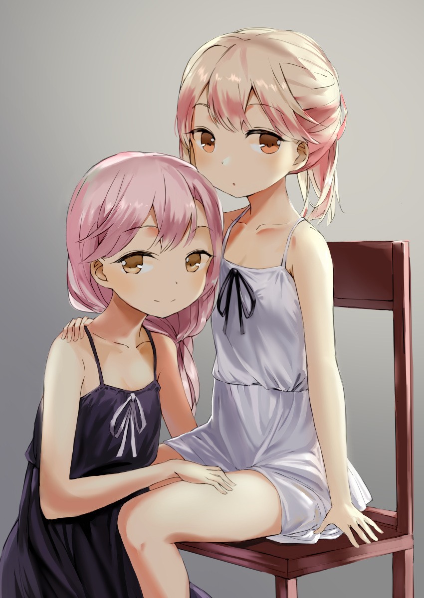 2girls absurdres black_dress brown_eyes chair child dress hand_on_another's_shoulder hand_on_another's_thigh highres kneeling long_hair multiple_girls original pink_hair ponytail short_dress siblings sisters sitting smile sundress twins wan_(calvin840203) white_dress