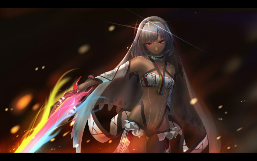 1girl altera_(fate) bangs bare_shoulders blunt_bangs breasts choker closed_mouth collarbone dark_skin detached_sleeves fate/extella fate/extra fate/grand_order fate_(series) full_body_tattoo headdress highres hips holding holding_weapon jewelry lancefate looking_at_viewer midriff navel photon_ray red_eyes revealing_clothes short_hair showgirl_skirt skirt small_breasts solo sword tan tattoo thighs veil weapon white_hair