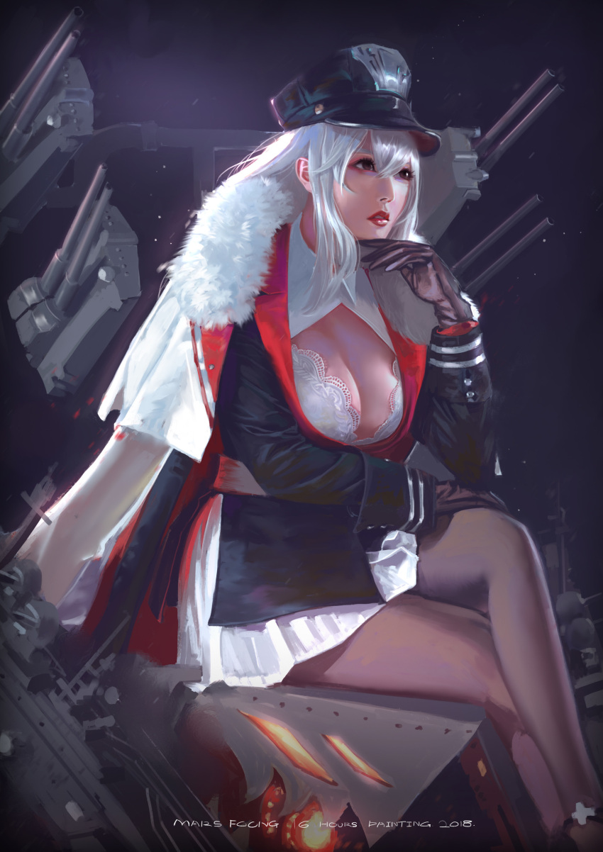 1girl absurdres artist_name azur_lane black_legwear breasts brown_eyes chinese_commentary cleavage commentary_request dated fur_trim gloves graf_zeppelin_(azur_lane) hair_between_eyes hand_on_own_knee hat highres large_breasts legs_crossed lips lipstick long_hair looking_afar makeup mars_foong nose partial_commentary peaked_cap silver_hair sitting solo